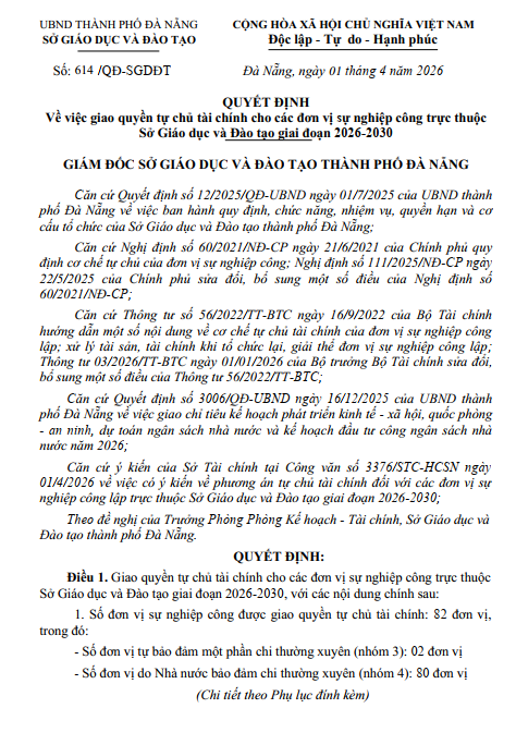 QUYẾT ĐỊNH Về việc giao quyền tự chủ tài chính cho các đơn vị sự nghiệp công trực thuộc Sở Giáo dục và Đào tạo giai đoạn 2026-2030