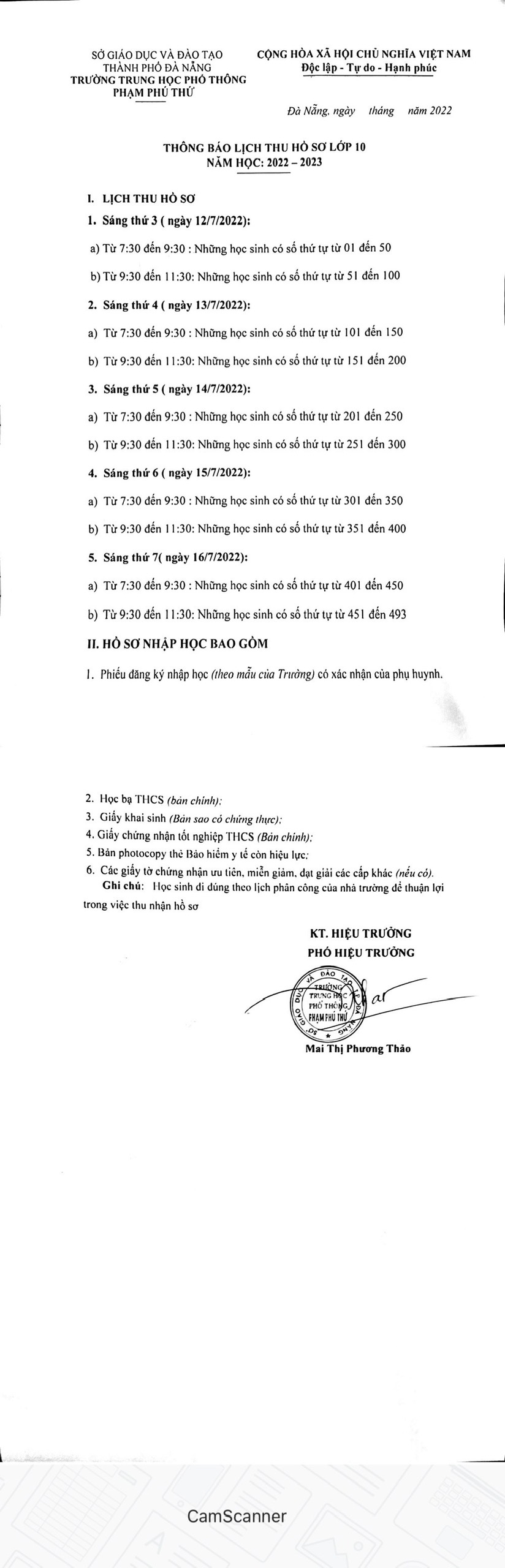 THÔNG BÁO VỀ VIỆC THU HỒ SƠ TUYỂN SINH 10 NĂM HỌC 2022-2023